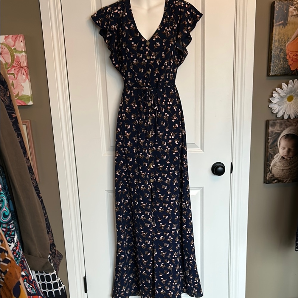 Iz Byer Blue and Pink Sundress with V-Neck and Flutter Sleeves